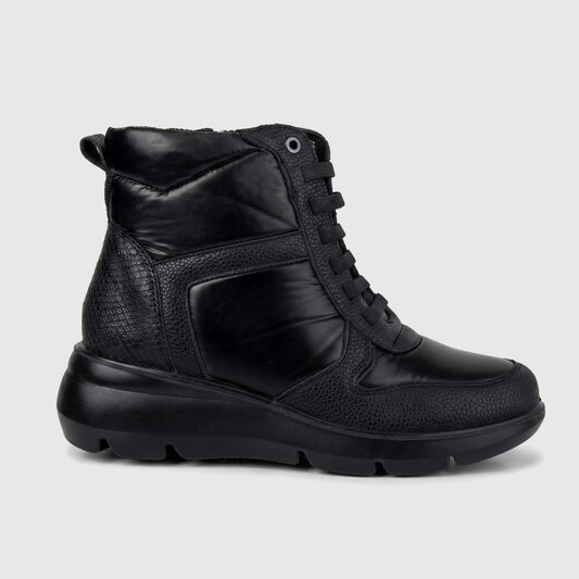Hush Puppies Soft Style Ladies Lace Up Boot Johari SSL01604 in black, side view with textured panels and chunky sole