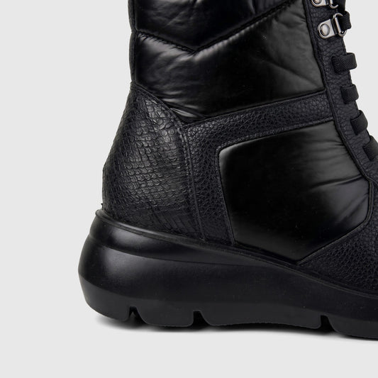 Hush Puppies Soft Style Ladies Lace Up Boot Johari SSL01604 in black, side view with textured panels and chunky sole