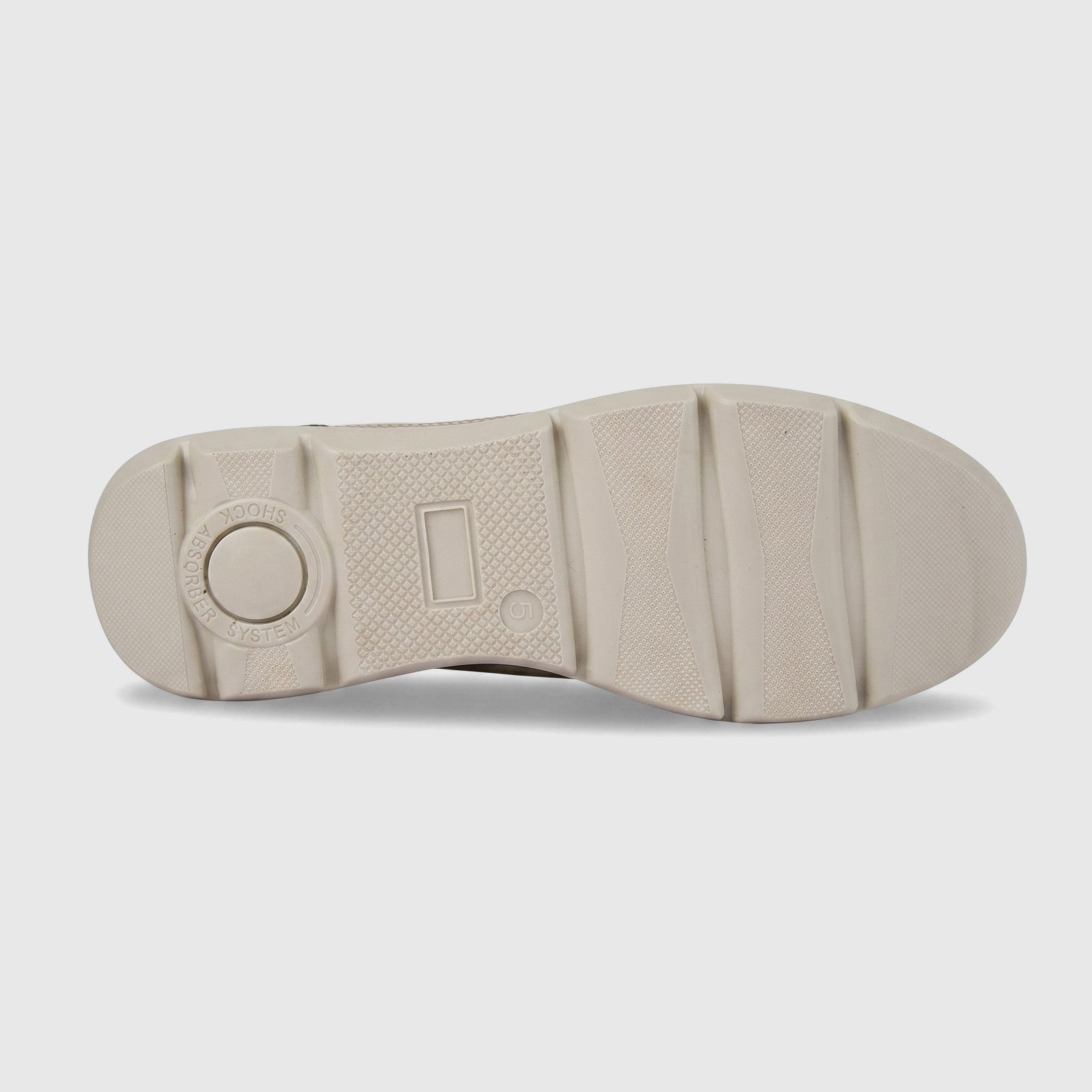 Hush Puppies Soft Style Ladies Comfort Sneaker Jolanda shown from bottom, featuring a light beige rubber outsole tread.