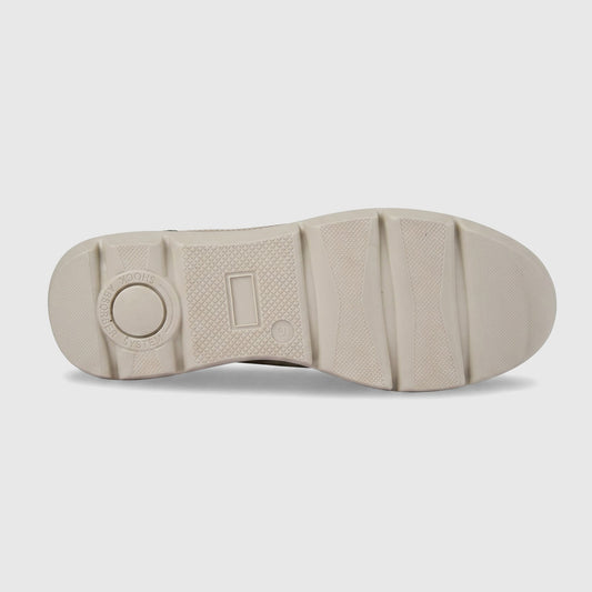 Hush Puppies Soft Style Jolanda ladies comfort sneaker, side view in cream and tan with metallic gold toe.
