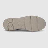 Hush Puppies Soft Style Jolanda ladies comfort sneaker in black multi, showing beige rubber outsole tread, bottom view.