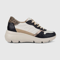 Hush Puppies Soft Style Jolanda ladies comfort sneaker in black multi with leopard heel panel and chunky sole, side view.
