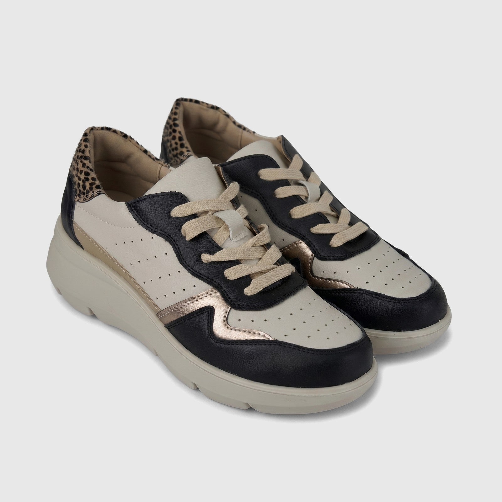 Hush Puppies Soft Style Jolanda ladies comfort sneaker in black multi, lace-up with cream panels and leopard heel.