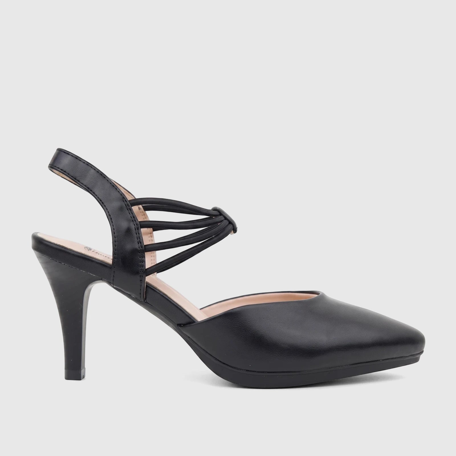 Hush Puppies Soft Style Ladies Pharell black high-heel court shoe with elastic straps and a pointed toe, side view.