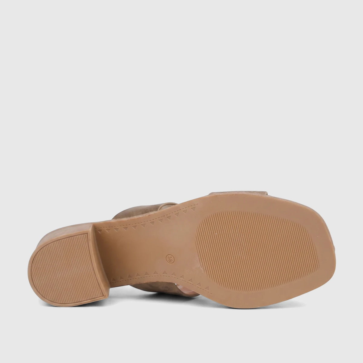 Bottom view of a Hush Puppies Soft Style Ladies Block Heel Sandal Abby in bronze, showcasing the textured sole and block