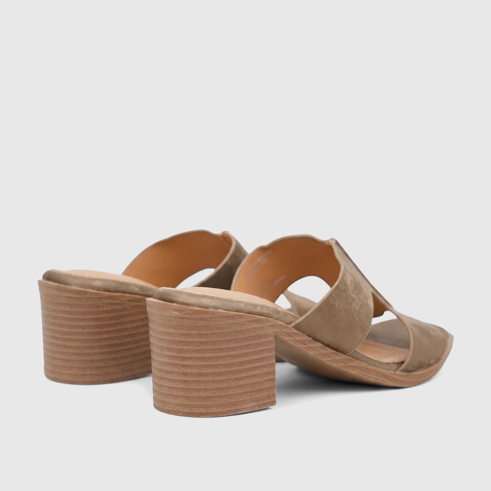 Bronze Hush Puppies Soft Style ladies' block heel sandals in a suede-like material, shown from a rear-side view.