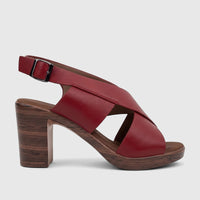 Close-up of a Hush Puppies Soft Style Ladies Block Heel Sandal Tharin in burnished dark red leather with a wood-grain heel.