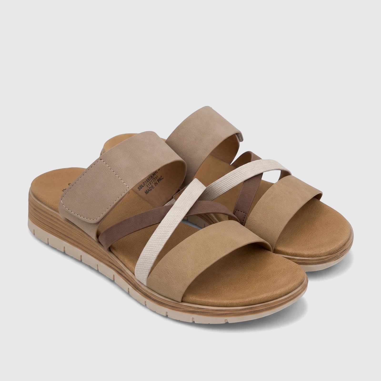 Pair of Hush Puppies Soft Style Ladies Comfort sandals Carmen in beige and brown with multi-strap design and wedge heel.