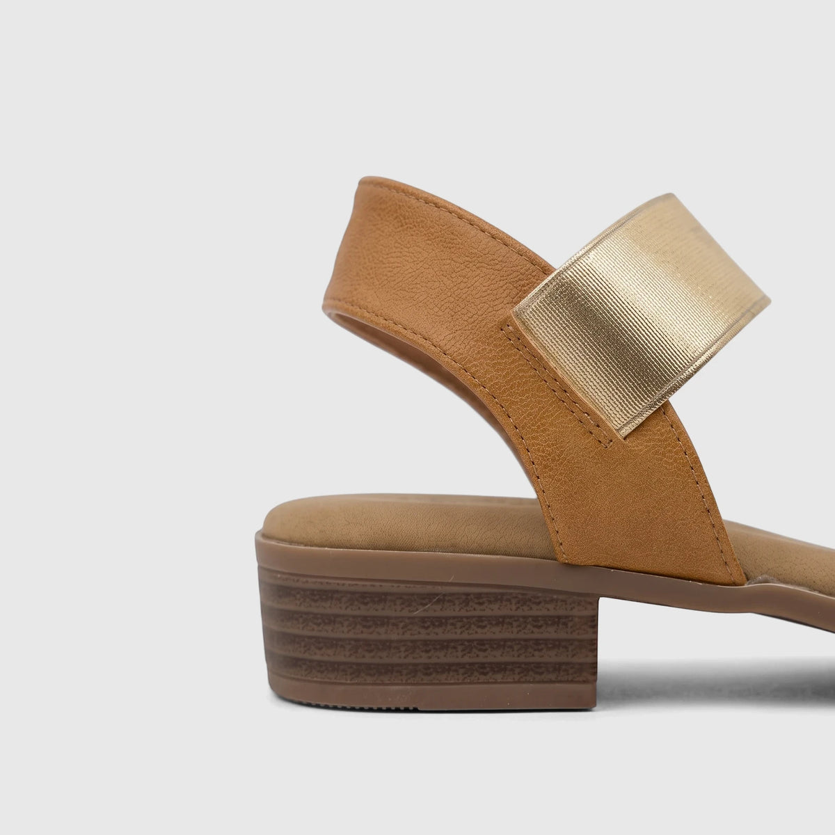 Hush Puppies Soft Style Ladies Comfort Sandal Harlan Tan with a gold strap and block heel, side view.