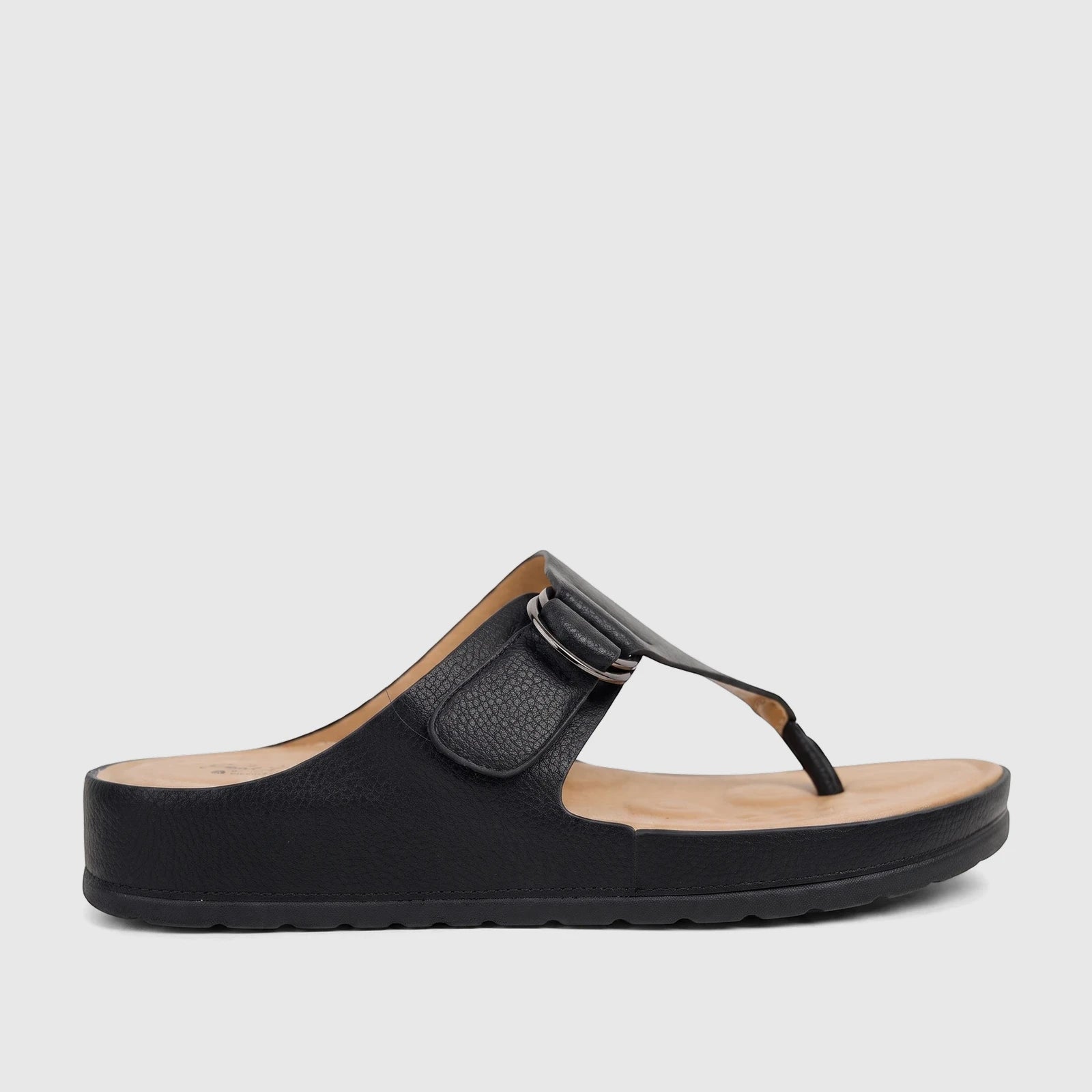 Black Hush Puppies Soft Style Ladies Comfort Sandal Tanya SSL01593, shown in a side view with a pebbled texture strap and