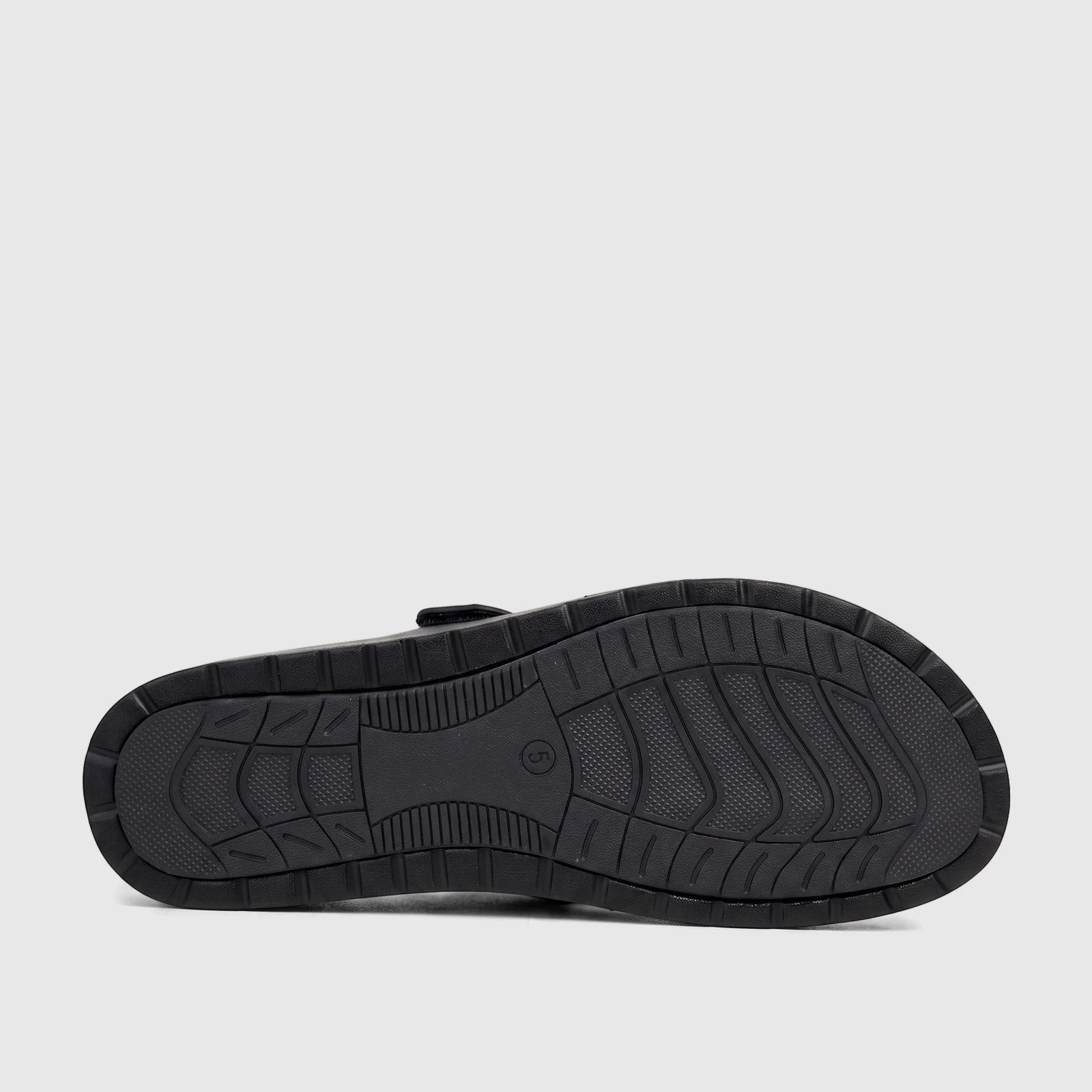Black Hush Puppies Soft Style Ladies Comfort Sandal Tanya, showing the detailed sole with a prominent tread pattern from a