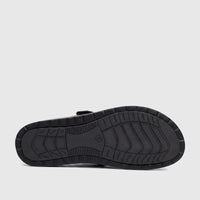 Black Hush Puppies Soft Style Ladies Comfort Sandal Tanya, showing the detailed sole with a prominent tread pattern from a