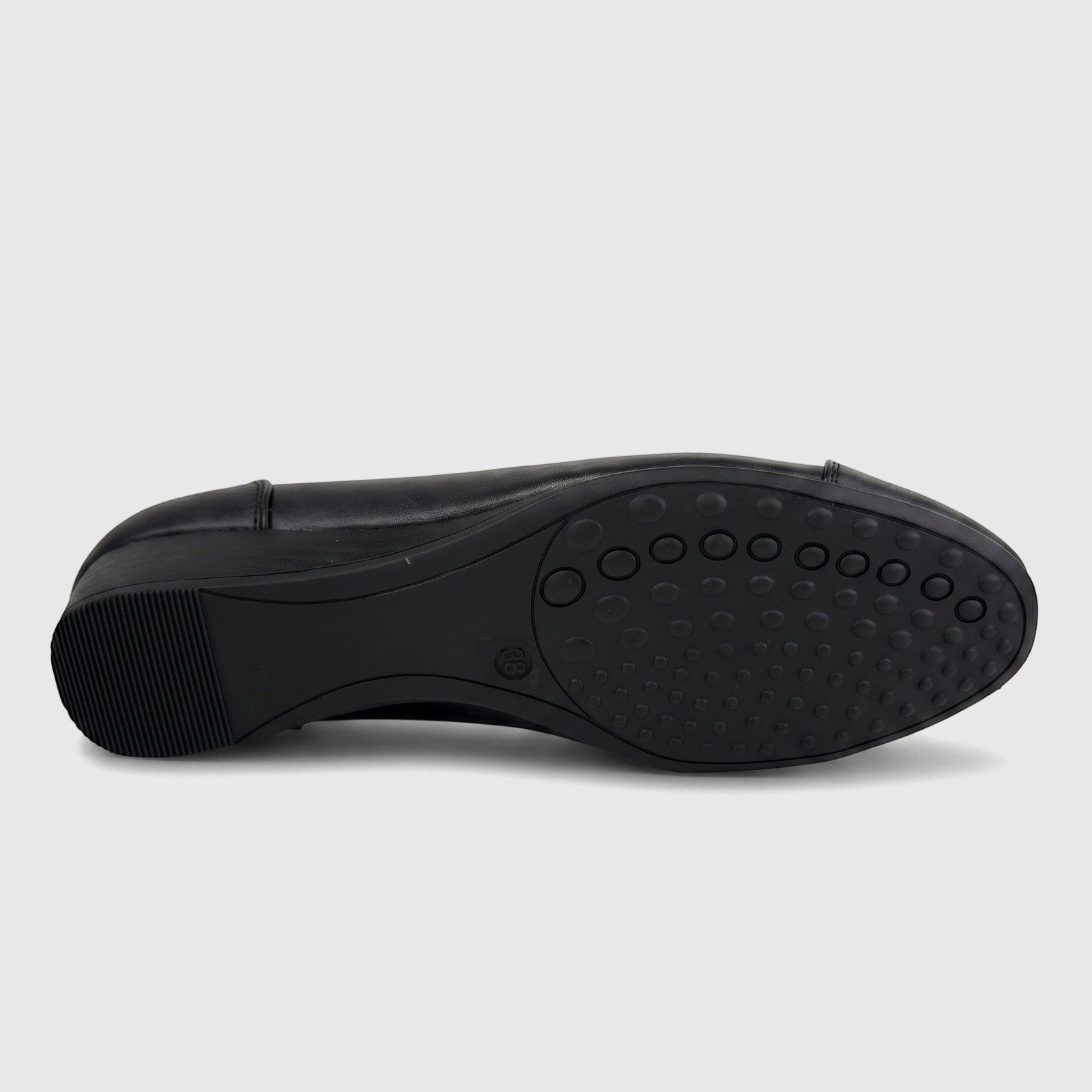 Black Hush Puppies Rishelle Mono comfort wedge pump shoe, viewed from the bottom, showing the sole and size 38.