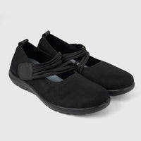 Hush Puppies Soft Style Soft Bartan ladies comfort pump in black, mesh slip-on shoes with crisscross elastic straps