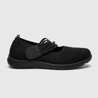 Hush Puppies Soft Style Soft Bartan ladies comfort pump in black, mesh slip-on shoe with elastic strap, side view.