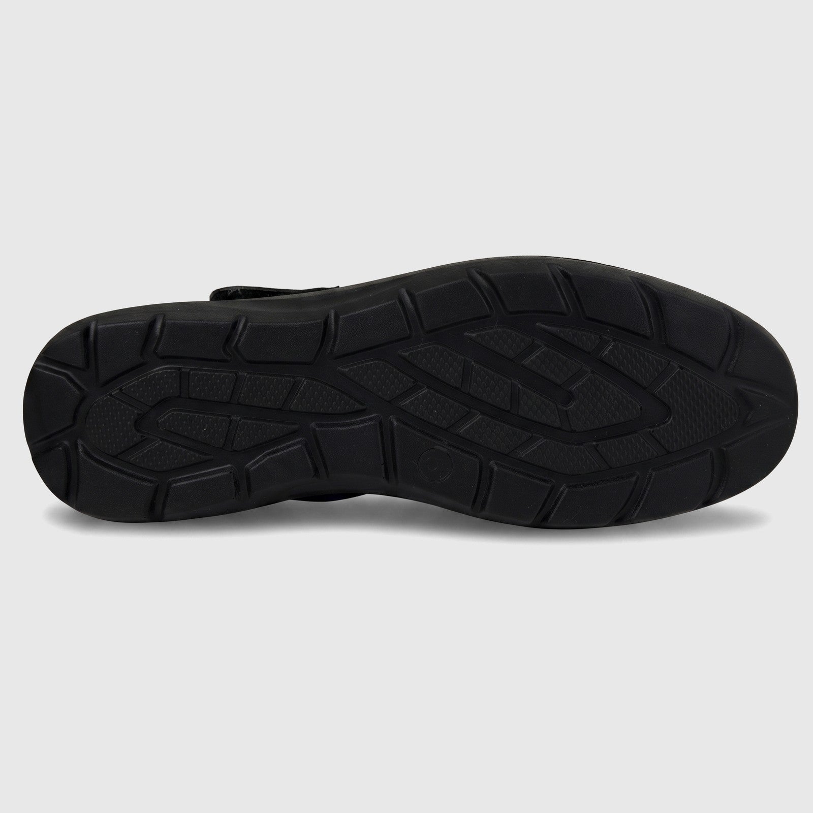 Hush Puppies Soft Style Soft Bartan ladies comfort pump in black, bottom view showing textured rubber outsole tread.