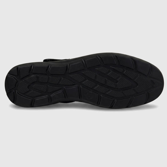 Hush Puppies Soft Style Soft Bartan ladies comfort pump in black, mesh slip-on shoe with elastic strap, side view.