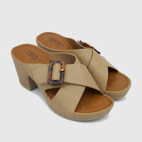 A pair of Hush Puppies Soft Style Ladies Cadena block heel sandals in fawn, featuring criss-cross straps and a