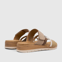 Hush Puppies Soft Style Carmen ladies comfort sandals in beige and brown, featuring a multi-strap upper and platform sole.