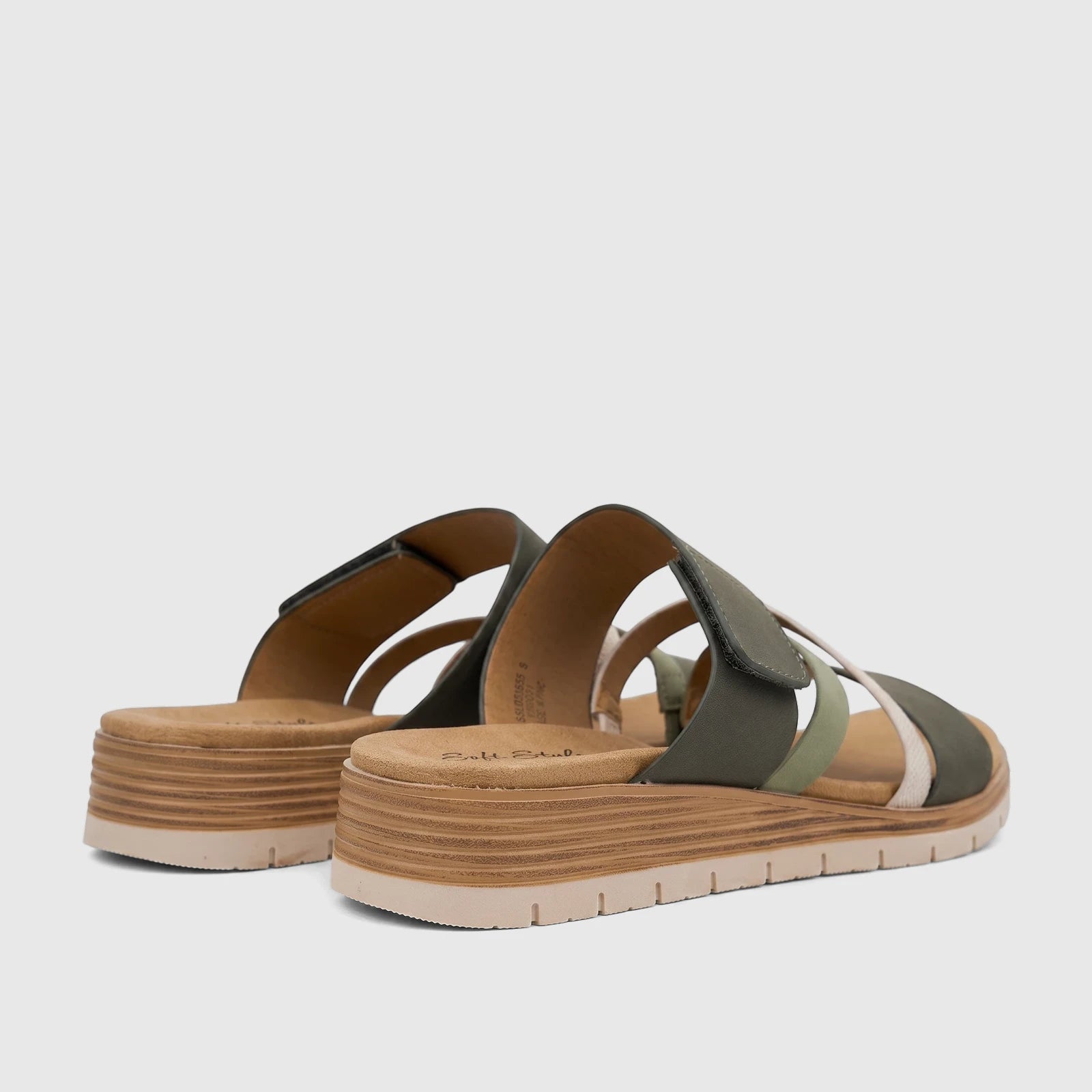 Hush Puppies Soft Style Carmen women's comfort sandals in khaki multi, with adjustable straps, a cushioned footbed, and a