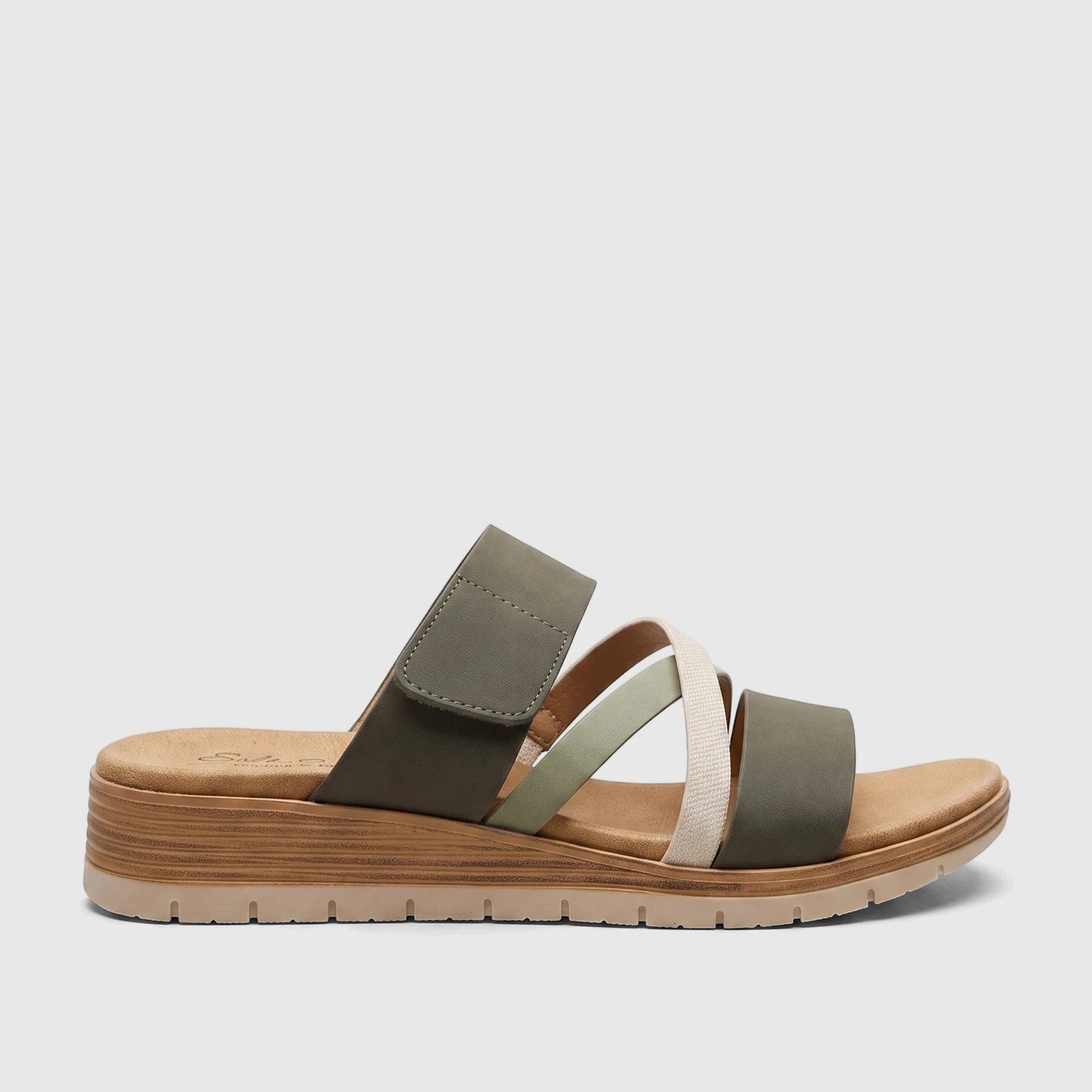 Hush Puppies Soft Style Ladies Comfort Sandal Carmen in khaki multi, featuring multiple straps and a comfortable sole,