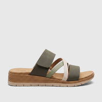 Hush Puppies Soft Style Ladies Comfort Sandal Carmen in khaki multi, featuring multiple straps and a comfortable sole,