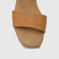 Hush Puppies Soft Style Harlan Tan ladies comfort sandal, featuring a wide leather front strap and open toe design.