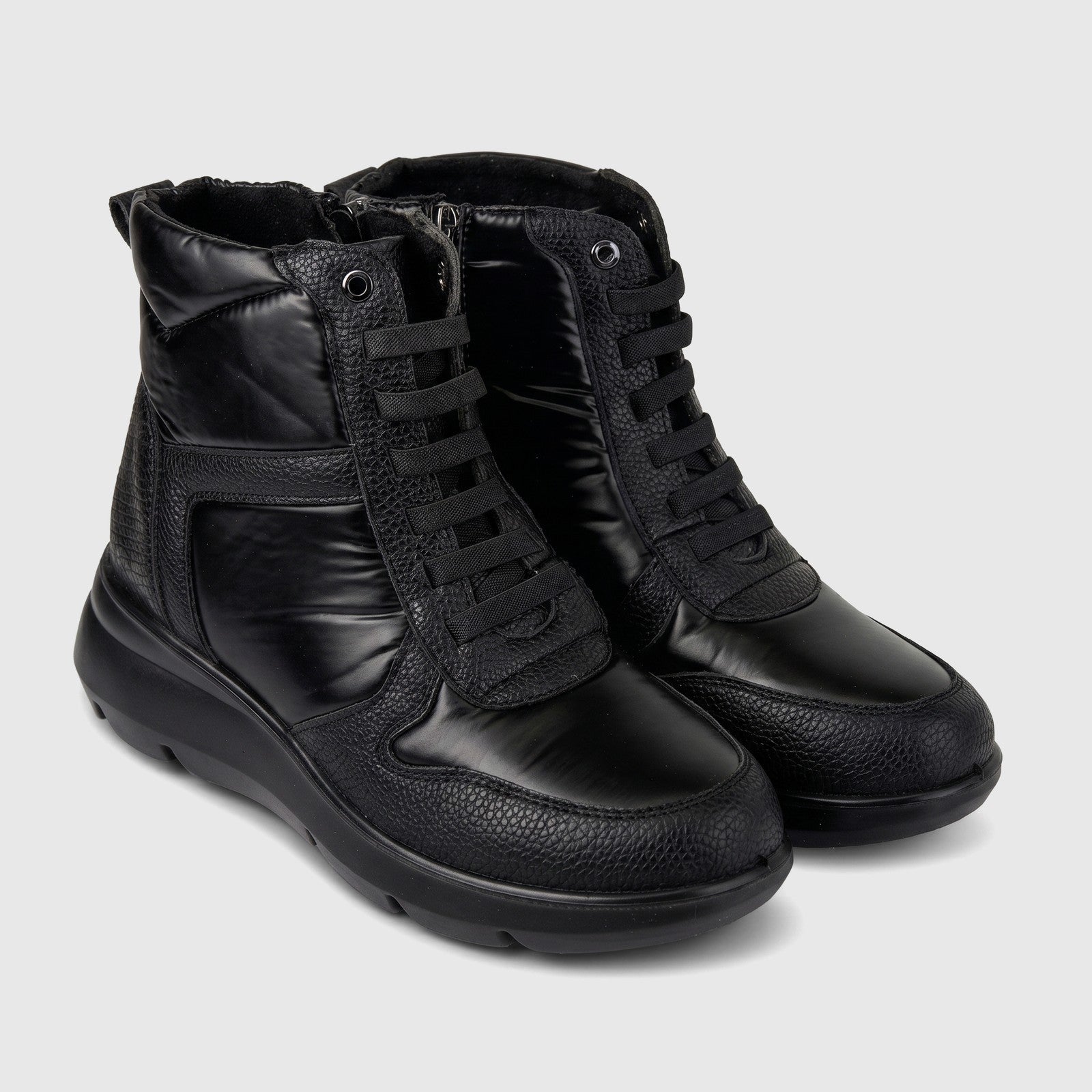Hush Puppies Soft Style Johari ladies lace up boot in black, ankle height with textured leather panels and thick sole
