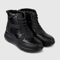 Hush Puppies Soft Style Johari ladies lace up boot in black, ankle height with textured leather panels and thick sole