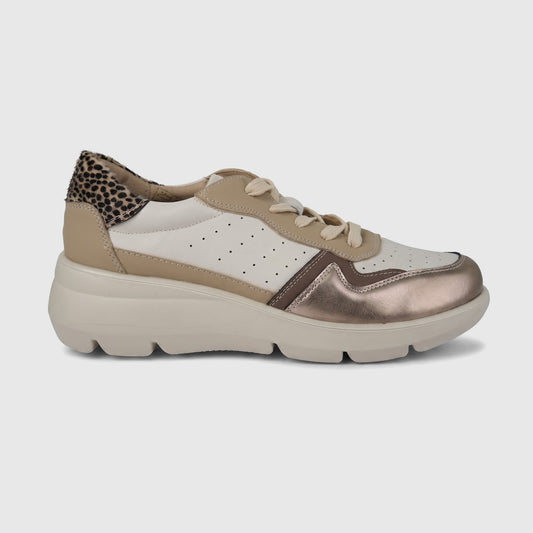 Hush Puppies Soft Style Jolanda ladies comfort sneaker, side view in cream and tan with metallic gold toe.