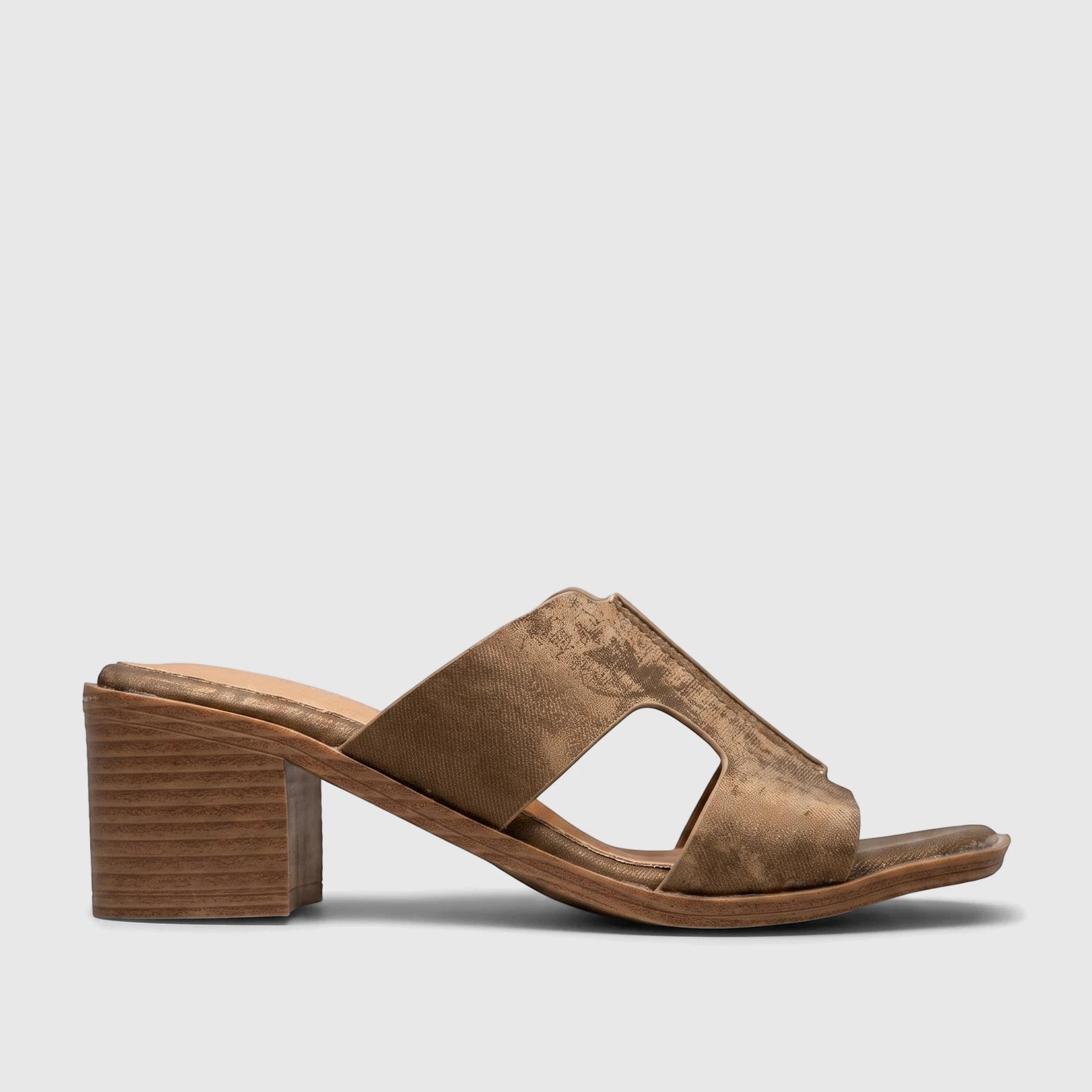 Hush Puppies Soft Style Ladies Block Heel Sandal Abby in bronze, featuring a side profile view.