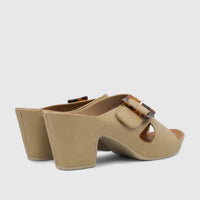 A pair of Hush Puppies Soft Style Ladies Block Heel Sandals, Cadena SSL01683 in fawn, featuring a tortoiseshell buckle. Side