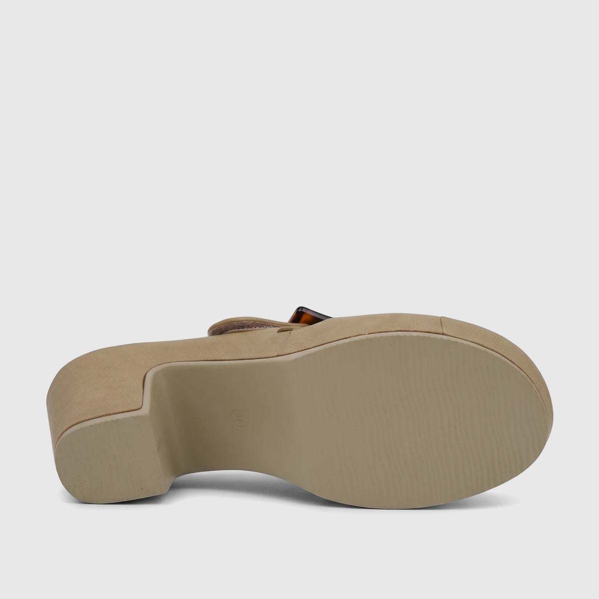 Hush Puppies Soft Style Ladies Block Heel Sandal in fawn, showcasing the ridged platform sole and block heel from below.