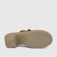Hush Puppies Soft Style Ladies Block Heel Sandal in fawn, showcasing the ridged platform sole and block heel from below.