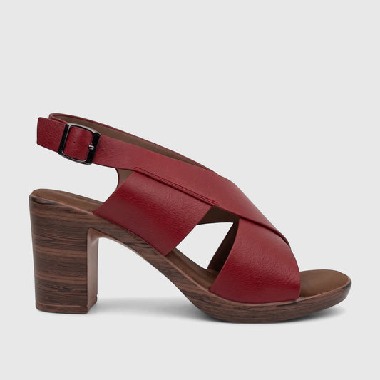 Burnished dark red Hush Puppies Soft Style ladies' block heel sandal with a chunky wood-grain platform and ankle strap,