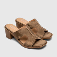 A pair of bronze Hush Puppies Soft Style Ladies Abby block heel sandals, featuring an open-toe slip-on design with a wide