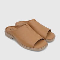 A pair of caramel brown Hush Puppies Soft Style ladies comfort sandals with an open-toe design and low heel.