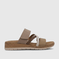 Hush Puppies Soft Style Ladies Comfort Sandal Carmen SSL01655 in beige and brown, shown from a side profile.