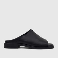 Black Hush Puppies Soft Style Ladies Comfort Sandal Kathan SSL01677, a sleek open-toe mule with a low block heel, shown in a