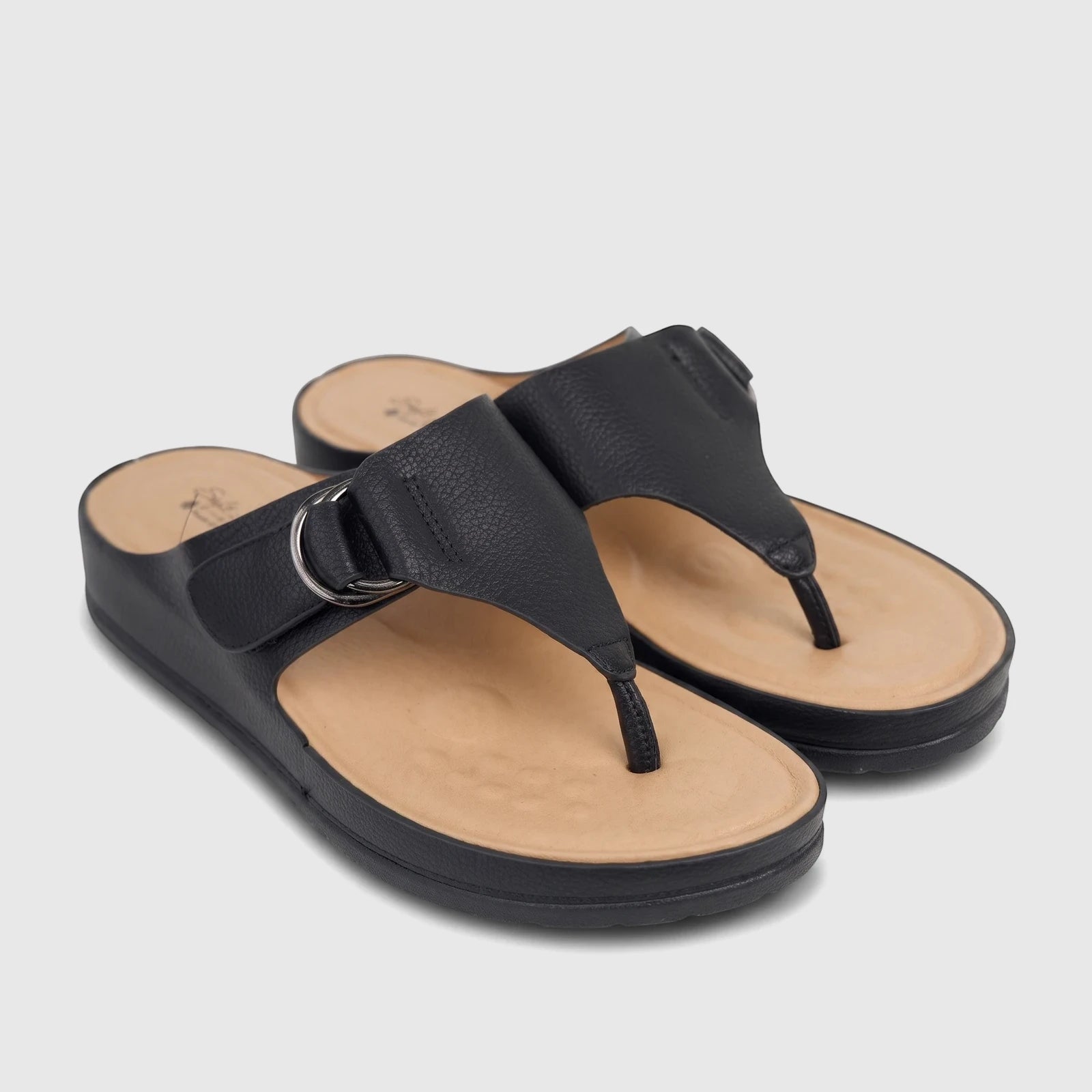 Hush Puppies Soft Style Ladies Comfort Sandal Tanya SSL01593 in black, with thong straps, silver ring detail, and beige