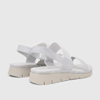 Hush Puppies Soft Style Ladies Comfort Sandal Telina SSL01653 in silver, featuring elastic straps, a comfortable woven