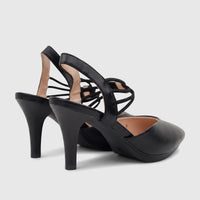 Black Hush Puppies Soft Style Ladies Court Shoes with pointed toes, stiletto heels, and slingback criss-cross straps.
