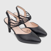 Hush Puppies Soft Style Ladies Court Shoe Pharell SSL01650 in black faux leather with multi-strap design and pointed toe.