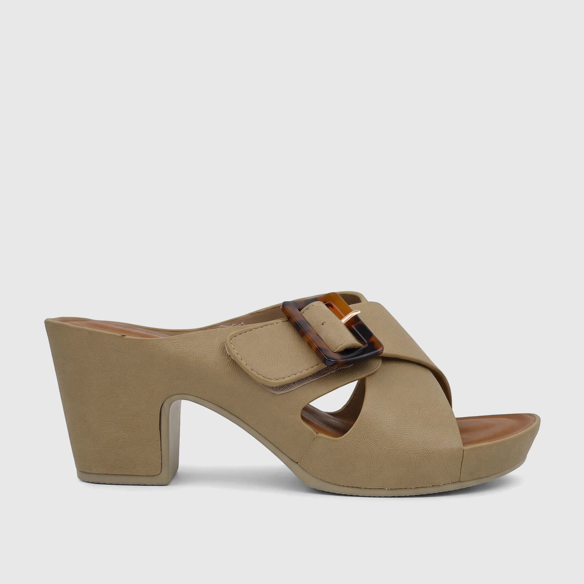 A fawn (light brown) Hush Puppies Soft Style ladies block heel sandal with a stylish tortoiseshell buckle on the strap.