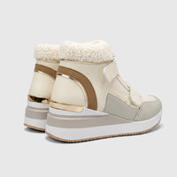 Hush Puppies Soft Style Ladies Ankle Boots with Fur in natural cream, featuring gold accents and a platform sole, viewed