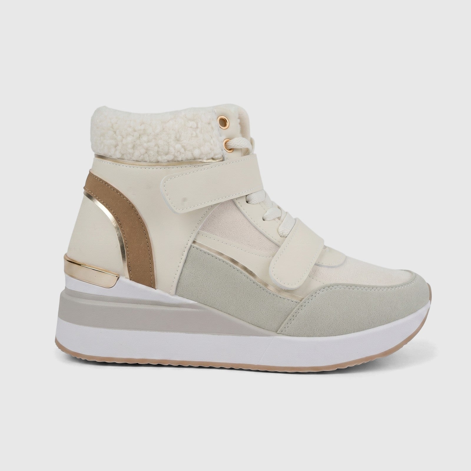 Hush Puppies Soft Style ladies ankle boot in natural cream and grey, featuring a fur collar, velcro straps, and a wedge sole.