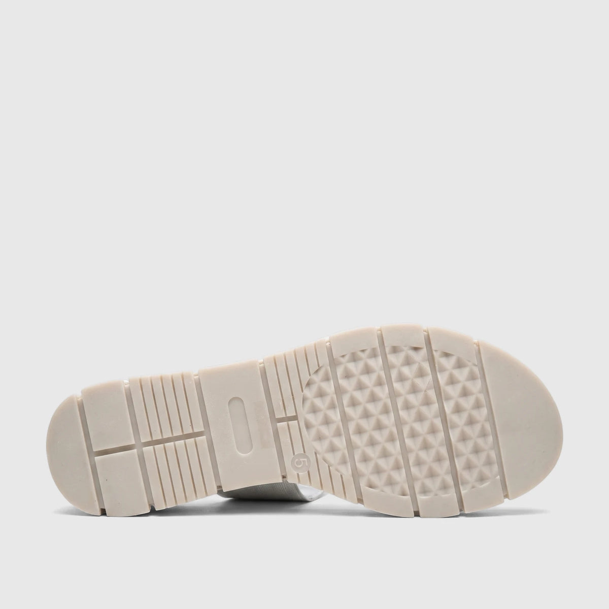 Bottom view of a Hush Puppies Soft Style Ladies Comfort Sandal Telina, showing the textured off-white sole with grip
