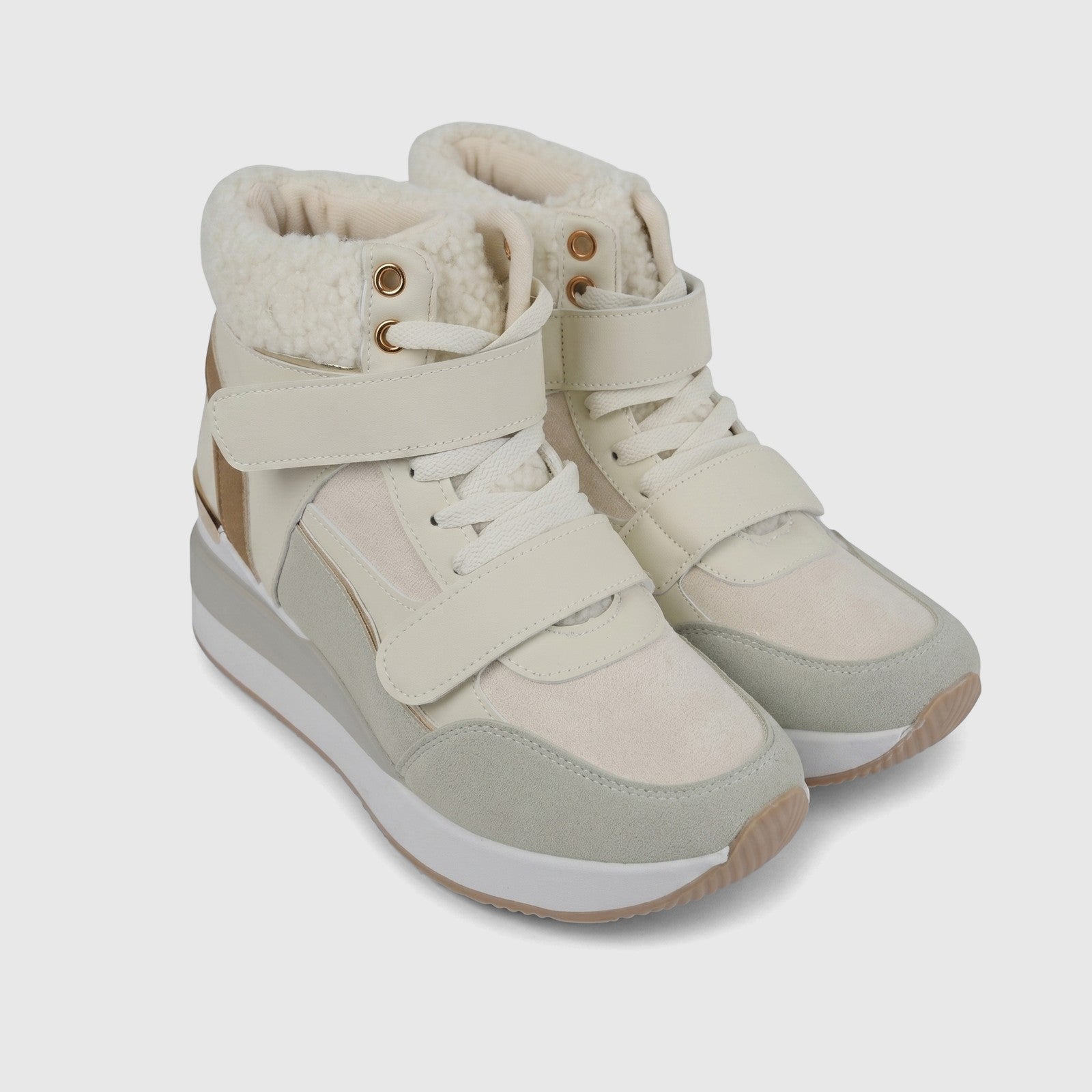 Hush Puppies Soft Style Ladies Watsan ankle boots with fur lining, featuring light cream, beige, and grey panels.