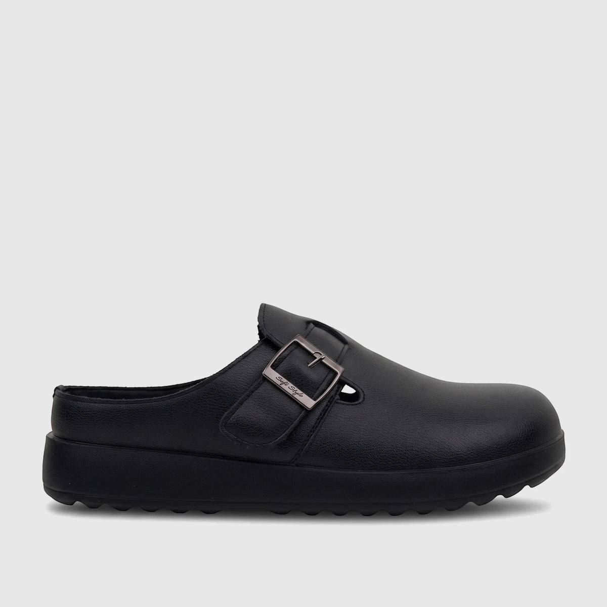 Black Hush Puppies Soft Style Noelle comfort clog for ladies, featuring a textured upper and a silver buckle, shown in a