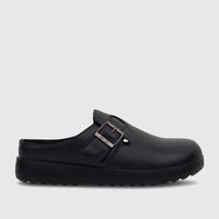 Black Hush Puppies Soft Style Noelle comfort clog for ladies, featuring a textured upper and a silver buckle, shown in a